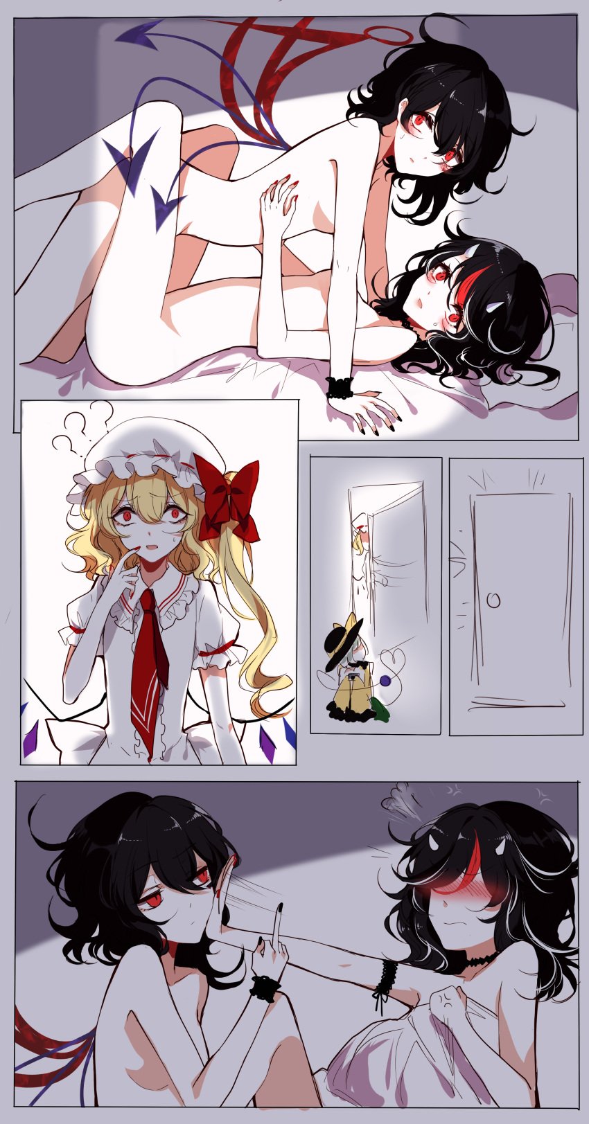 4girls ? absurdres alternate_costume anger_vein asymmetrical_wings awkward bad_id bad_pixiv_id black_hair black_wristband blush bow breasts caught caught_in_the_act choker comic commentary_request constricted_pupils convenient_arm door finger_to_mouth flandre_scarlet green_skirt grey_horns hair_between_eyes hat hat_bow heart heart_of_string highres horns houjuu_nue indoors kijin_seija koishi_komeiji komeiji_koishi long_sleeves looking_at_another looking_at_viewer medium_breasts middle_finger mob_cap multicolored_hair multiple_girls necktie nue_houjuu parted_lips puffy_short_sleeves puffy_sleeves red_bow red_hair red_neckwear seija_kijin sheya shirt short_hair short_sleeves skirt sleeves_past_wrists streaked_hair thighs third_eye touhou tsundere wavy_hair white_hair white_headwear white_shirt wide_sleeves wings wristband yellow_shirt yuri