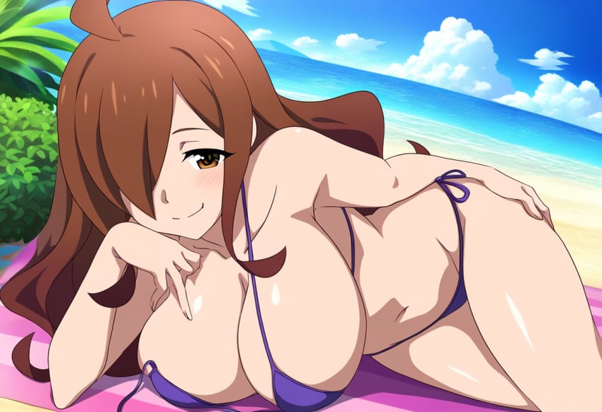 1girls ahoge ai_generated amber_eyes beach bikini blue_bikini brown_hair closed_mouth day daytime dokidoki_ninja kono_subarashii_sekai_ni_shukufuku_wo! light-skinned light-skinned_female lying_on_side navel sea seaside seductive seductive_look seductive_smile smile smiling solo solo_female tagme undone_bikini wiz_(konosuba)