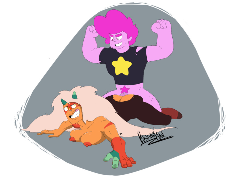 big_breasts businessman_(artist) chad flexing_arms gem_(species) jasper_(steven_universe) muscular_female muscular_male orange_skin pink_skin pink_steven ripped_clothing rough_sex steven steven_quartz_universe steven_universe