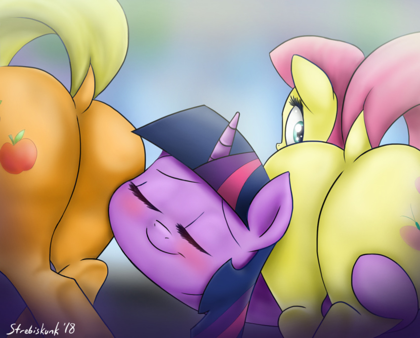 2018 2d 3girls applejack_(mlp) ass casual equine female feral fluttershy_(mlp) friendship_is_magic horn horse mammal my_little_pony pony quadruped strebiskunk thick_ass trio twilight_sparkle_(mlp) unicorn