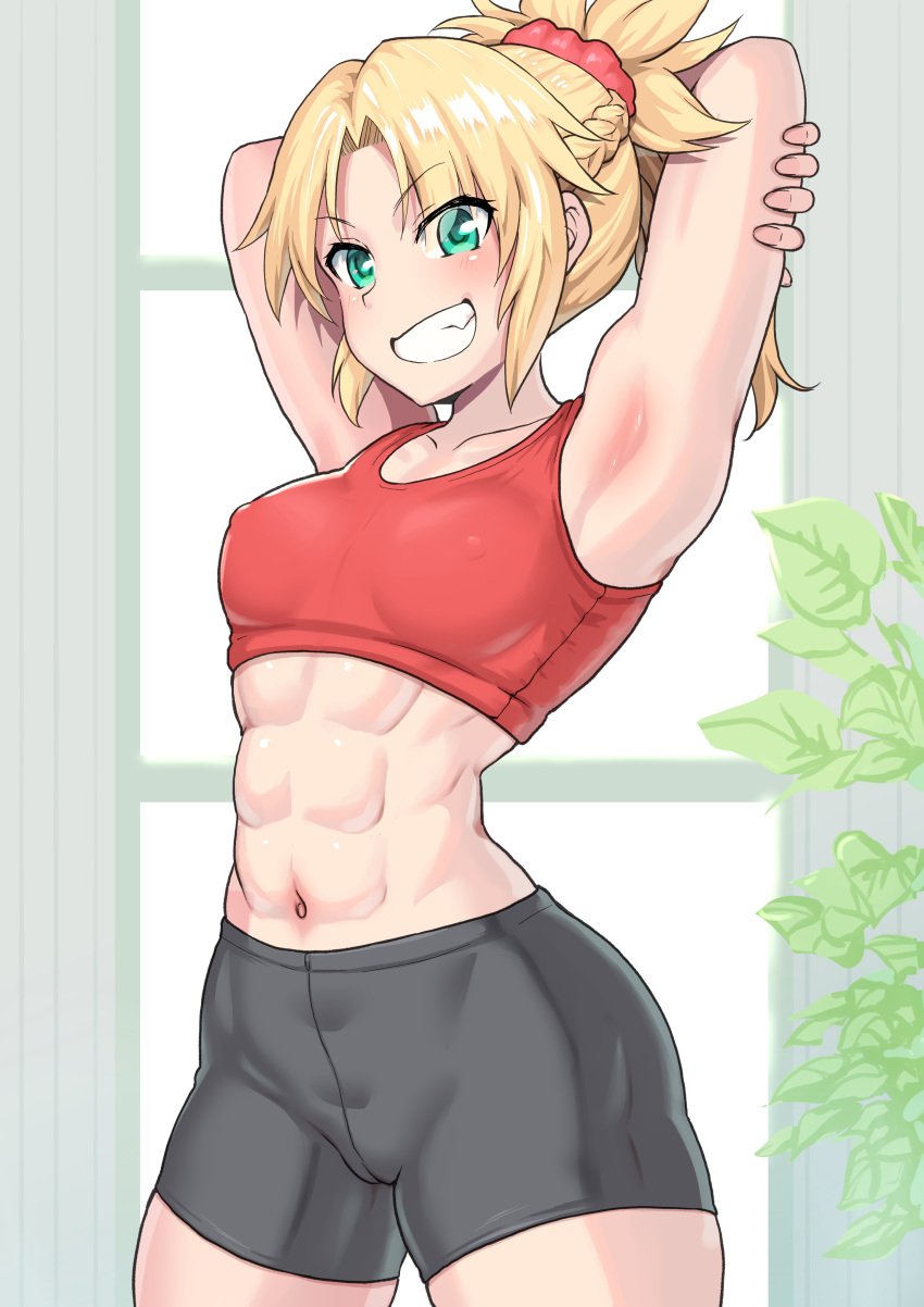 1girls abs absurd_res arms_behind_head blonde_hair cameltoe fate/apocrypha fate/grand_order fate_(series) female female_only green_eyes grinning gym_shorts harurukan hi_res indoors light-skinned_female mordred_(fate) navel nipples_visible_through_clothing shiny_skin skin_tight smile solo stretching sweat tank_top thick_thighs toned workout_clothes