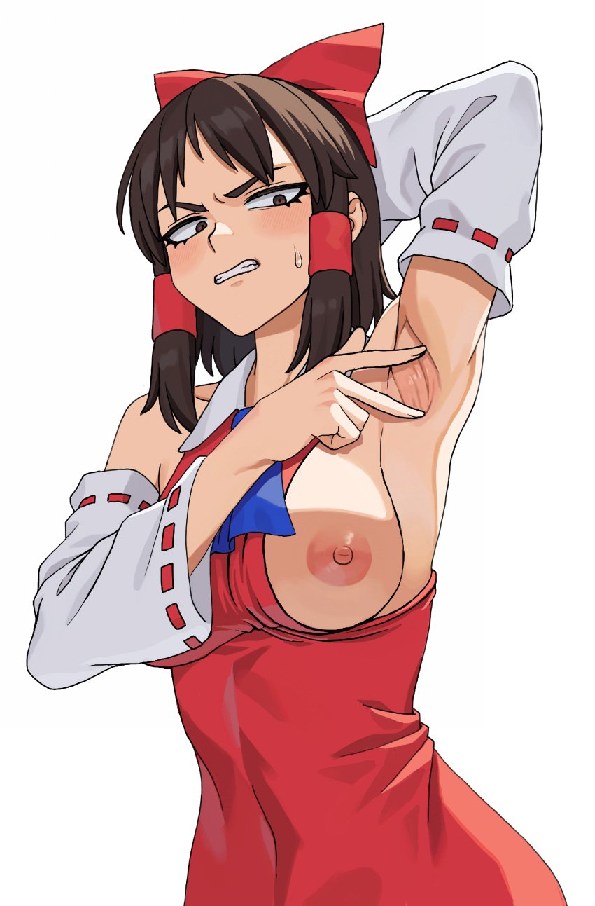 absurdres arm_up armpits ascot blue_ascot blush bo_(bocky0w0) breasts brown_eyes brown_hair clenched_teeth collared_dress commentary_request cookie_(touhou) covered_navel cowboy_shot detached_sleeves dress female fingernails hakurei_reimu highres large_breasts looking_at_viewer medium_bangs nipples red_dress reimu_hakurei ribbon-trimmed_sleeves ribbon_trim short_hair sideboob sidelocks simple_background sleeveless sleeveless_dress solo spread_armpit teeth togashi_(cookie) touhou white_background white_sleeves