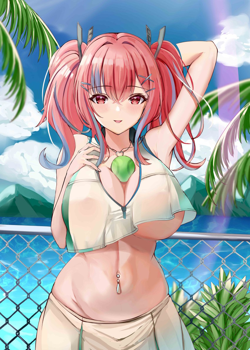 1girls absurdres arm_up azur_lane ball belly between_breasts blue_sky blush breasts bremerton_(azur_lane) bremerton_(scorching-hot_training)_(azur_lane) chain-link_fence cloud cloudy_sky covered_erect_nipples crop_top crop_top_overhang day eagle_union_(azur_lane) female fence fingernails green_skirt grey_hair groin hair_between_eyes hair_intakes hair_ornament hairclip hand_on_own_chest heart heart_necklace highres huge_breasts jewelry kanesada_dp light-skinned_female light_skin linea_alba looking_at_viewer mole mole_under_eye mountainous_horizon multicolored_hair navel navel_piercing necklace ocean open_mouth outdoors palm_tree piercing plant red_eyes red_hair shirt skirt sky sleeveless sleeveless_shirt smile solo sportswear stomach streaked_hair tennis_ball tennis_uniform tree twintails two-tone_hair two-tone_shirt two-tone_skirt underboob water white_skirt x_hair_ornament