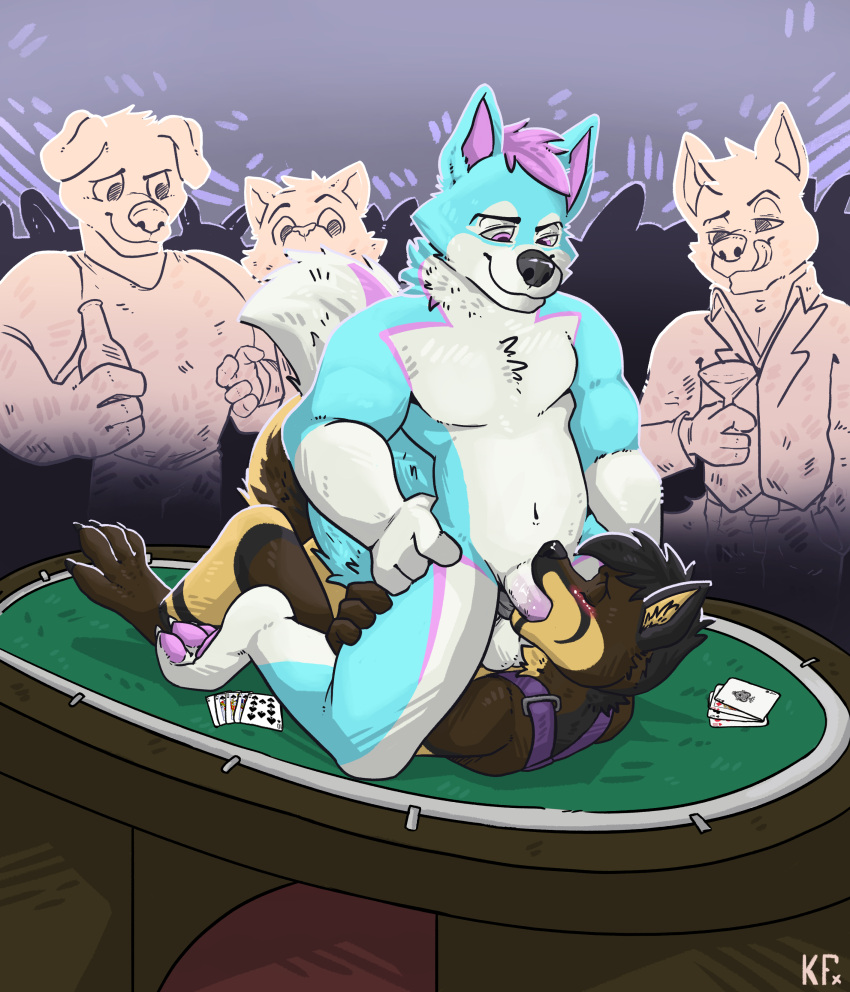 absurd_res anthro canid canine canis domestic_dog duo hi_res husky katxfish male male/male mammal nordic_sled_dog nude pawpads paws poker poker_table presenting public public_sex sex spitz sucking