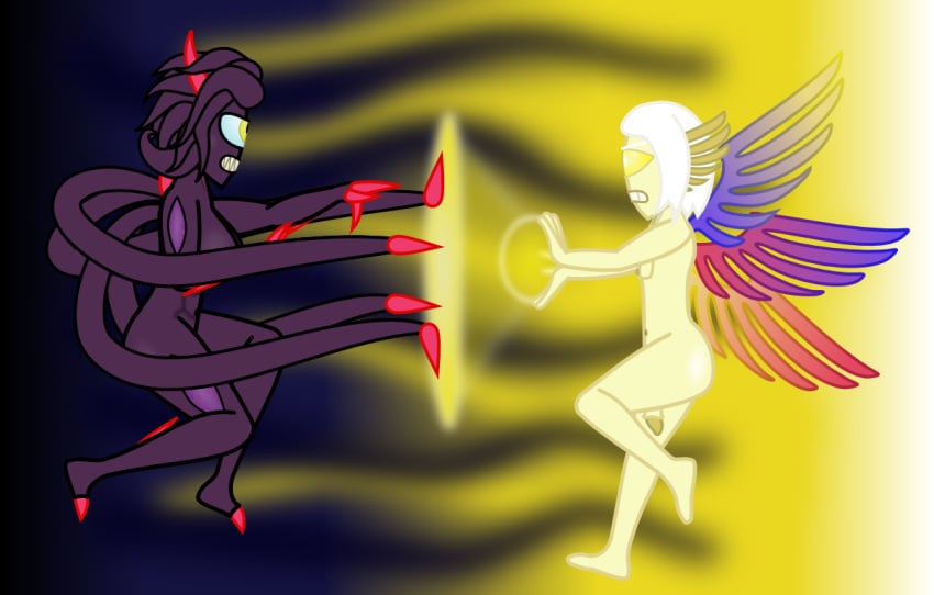 2019 angry breasts dark deity dharkon duo feathered_wings feathers female fight galeem glowing horn humanoid light male multi_wing multicolored_feathers nintendo penis skeppio spoilers super_smash_bros. tentacle video_games wings