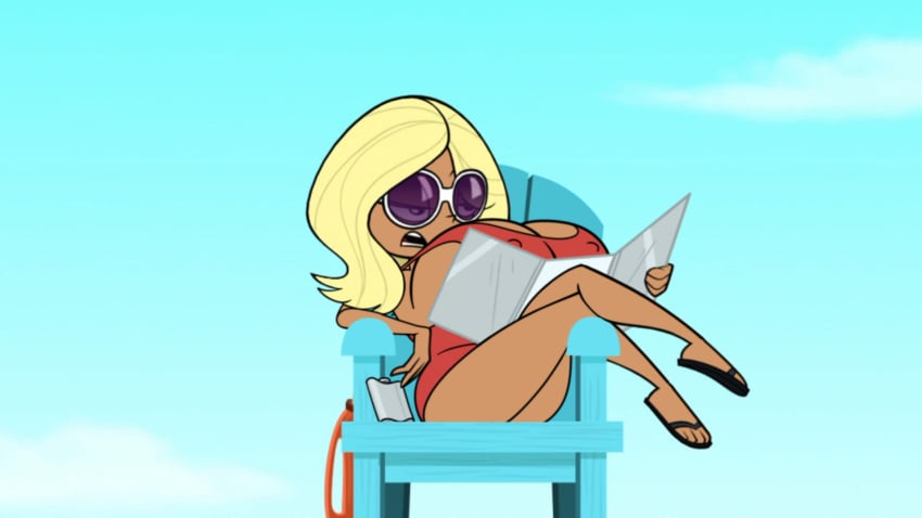 1girls ass blonde_hair breasts disney disney_xd female female_focus female_only hips hyper hyper_breasts kick_buttowski large_breasts lifeguard lifeguard_chair lifeguard_swimsuit mirror nipple_bulge sandals screenshot_edit shannon_(kick_buttowski) sunglasses suntan tan_skin thick_thighs thighs woot