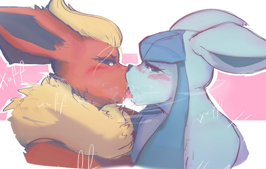 2020s 2024 2d 2d_(artwork) 2girls anthro anthrofied black_sclera blonde_hair blush chest_tuft ear eeveelution female female_focus female_only flareon french_kissing fur furry furry_only glaceon hi_res highres kissing lesbian_kiss long_ears mammal nintendo pokemon pokemon_(species) saliva saliva_string saliva_trail sloppy_kiss steam steamy_breath themercart white_eyes yuri