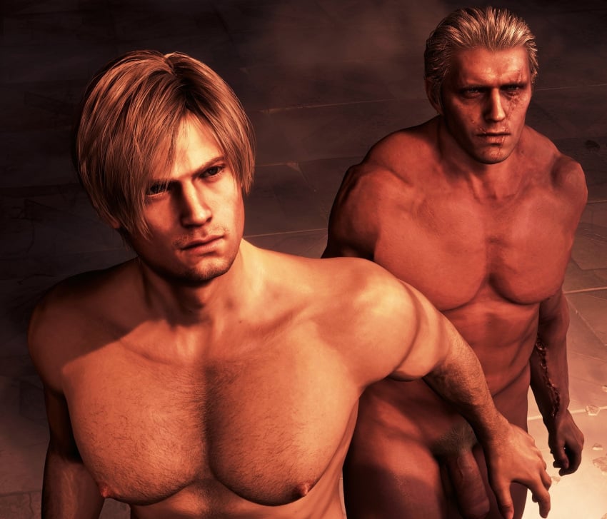 2boys 2humans 2males 3d 3d_(artwork) 3d_model abs blonde_hair blue_eyes capcom erect_nipples flaccid flaccid_cock flaccid_penis indoor_nudity indoors jack_krauser leon_scott_kennedy lewis_luke light-skinned_male light_skin male/male masculine muscles muscular muscular_male naked naked_male nude nude_male pecs resident_evil resident_evil_4 resident_evil_4_remake scar_on_arm scar_on_face uncut_penis