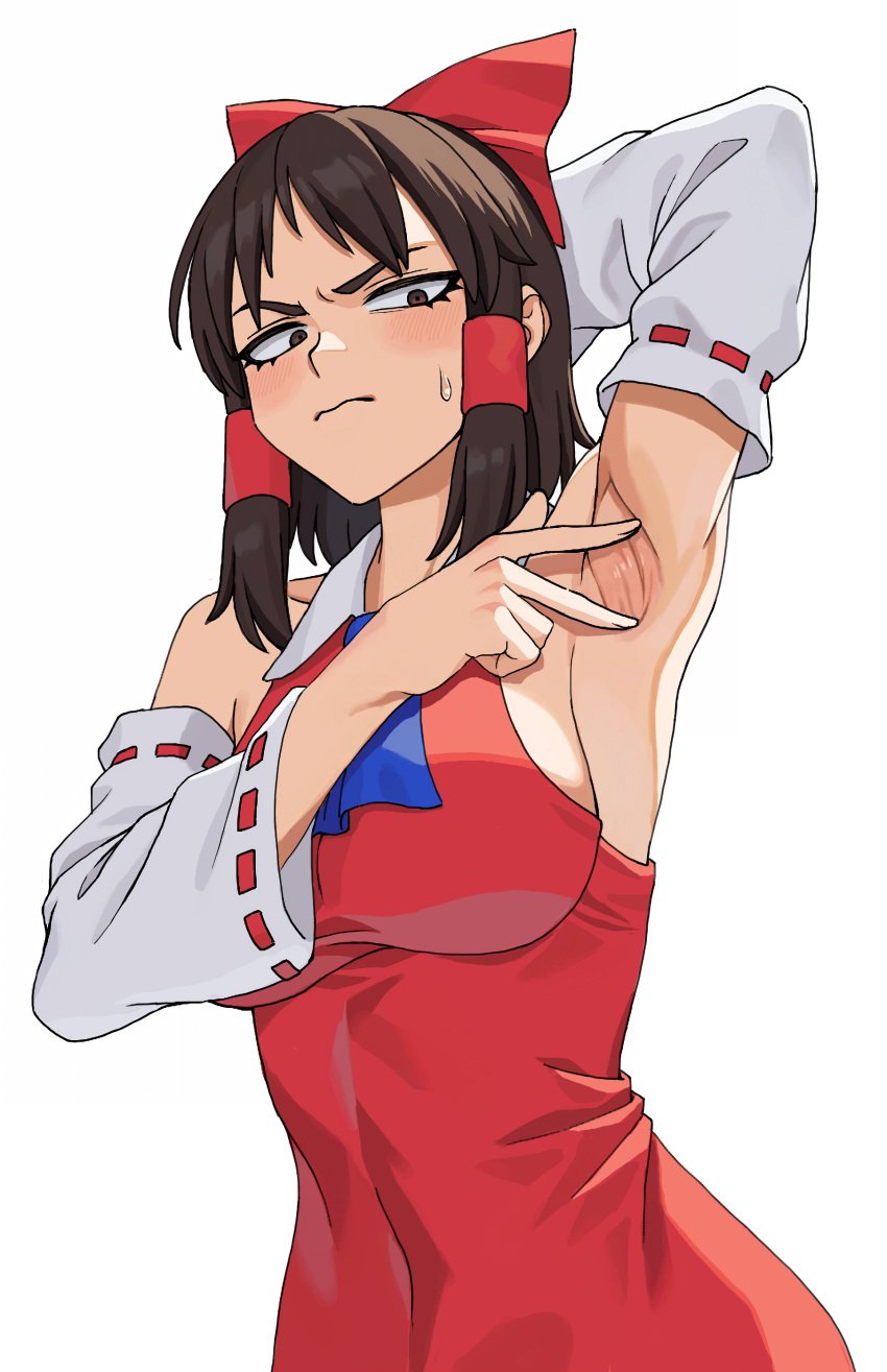 absurdres arm_up armpits ascot blue_ascot blush bo_(bocky0w0) breasts brown_eyes brown_hair closed_mouth collared_dress commentary_request cookie_(touhou) covered_navel cowboy_shot detached_sleeves dress female fingernails frown hakurei_reimu highres large_breasts looking_at_viewer medium_bangs red_dress reimu_hakurei ribbon-trimmed_sleeves ribbon_trim short_hair sideboob sidelocks simple_background sleeveless sleeveless_dress solo spread_armpit togashi_(cookie) touhou white_background white_sleeves