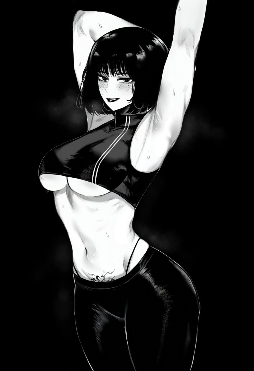 1girls arm_up armpit armpits arms_up big_breasts black_hair blush bob_cut busty character_request cleavage curves curvy dark_hair female female_only huge_breasts large_breasts masoq095 milf monochrome revealing_clothes slutty_outfit thong_above_pants thong_straps underboob yuna_(almualim)