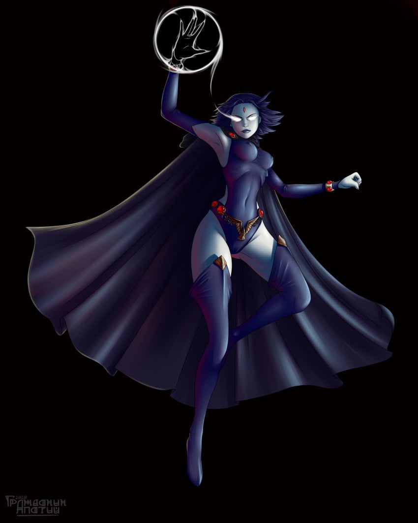 1girls black_background cloak dc dc_comics erect_nipples female female_only grazhdanin_apatiy grey_skin magic purple_eyes purple_hair raven_(dc) solo superheroine teen_titans tight_suit