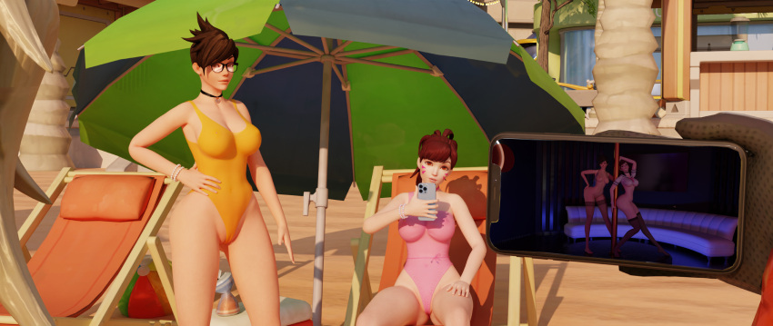 3d beach big_ass big_breasts big_butt blizzard_entertainment d.va golden_bikini golden_eyes hana_song iphone mercy overwatch overwatch_2 photo photo_comparison pink_swimsuit red_eyes revealing_clothes strip_club surprised swimsuit tagme tracer two_girls