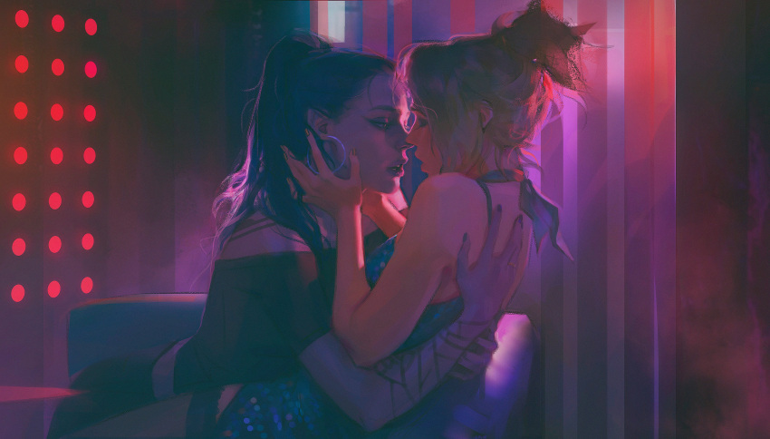 about_to_kiss blonde_hair blue_dress blue_hair closed_eyes club dress earrings efferwescent female female_only holding_head kissing lesbian_kiss looking_at_partner making_out mercy mercymaker nightclub overwatch painting_(artwork) party_dress pink_skin purple_skin romantic sensual sequin_dress widowmaker yuri