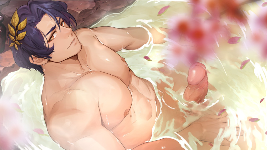 1boy abs ahrstudio bara black_hair brown_eyes completely_nude dr._ratio_(honkai:_star_rail) erection falling_petals hair_ornament highres honkai:_star_rail honkai_(series) large_pectorals looking_at_viewer male_focus masayoshi_togashi_(alu379) muscular muscular_male nipples nude onsen pectorals penis petals shirt short_hair smile solo solo_male water wet wet_clothes wet_shirt