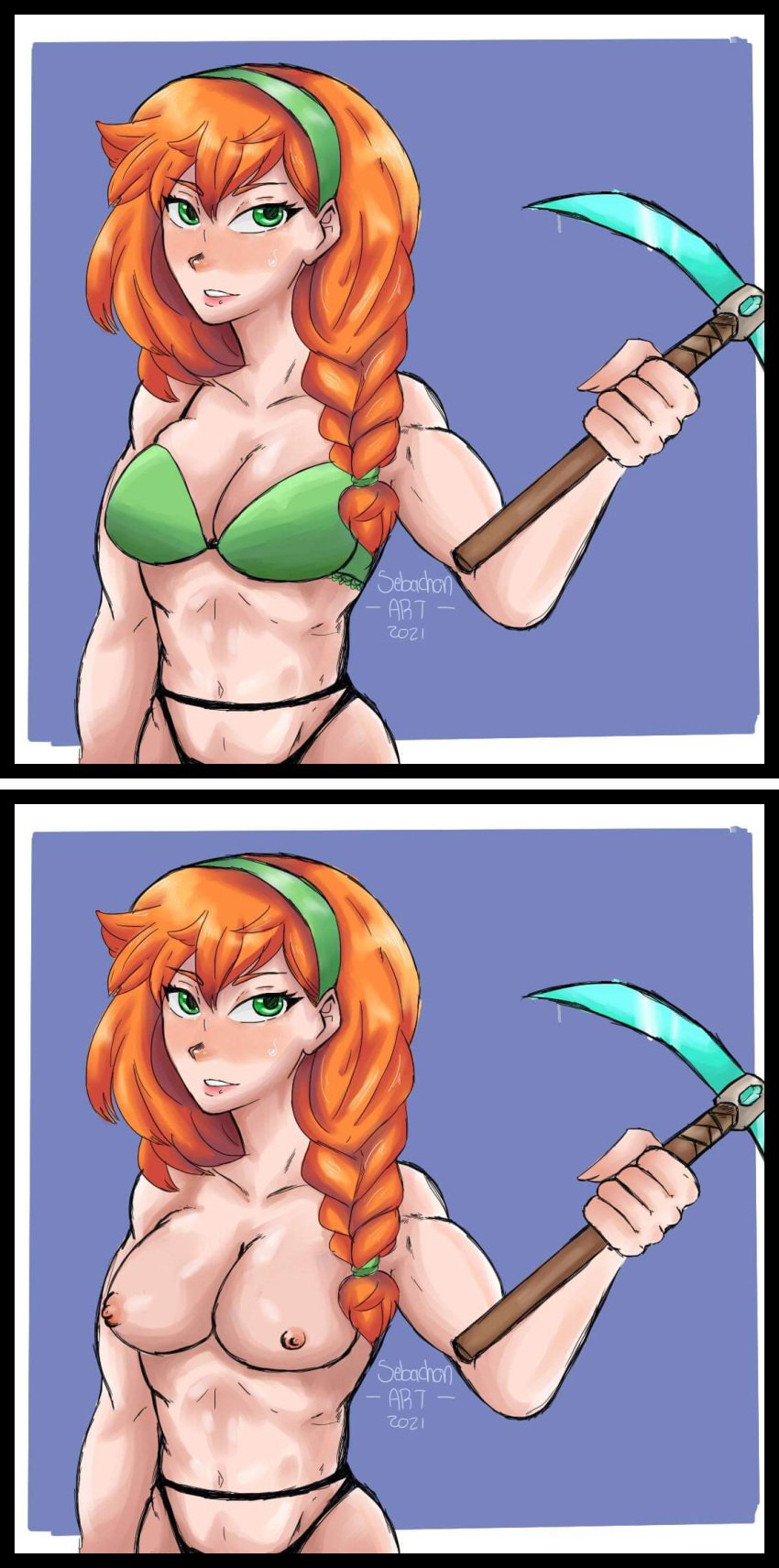 1girls alex_(minecraft) big_breasts bra breasts diamond_pickaxe edit exposed_breasts female female_only ginger ginger_hair green_eyes hairband lingerie medium_hair minecraft muscular muscular_female orange_hair red_hair sebachonart standing