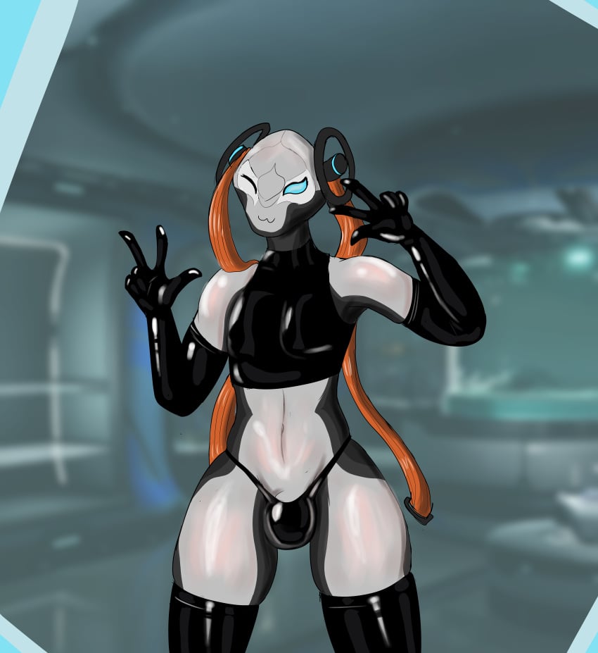 bikini bikini_bottom bikini_top bulge bulge_through_clothing curvy femboy feminine_male girly latex latex_gloves latex_stockings latex_thighhighs long_hair nezha_(warframe) peace_sign pose posing seagool stockings thick_thighs thighhighs thighs tight_clothing twink twintails warframe