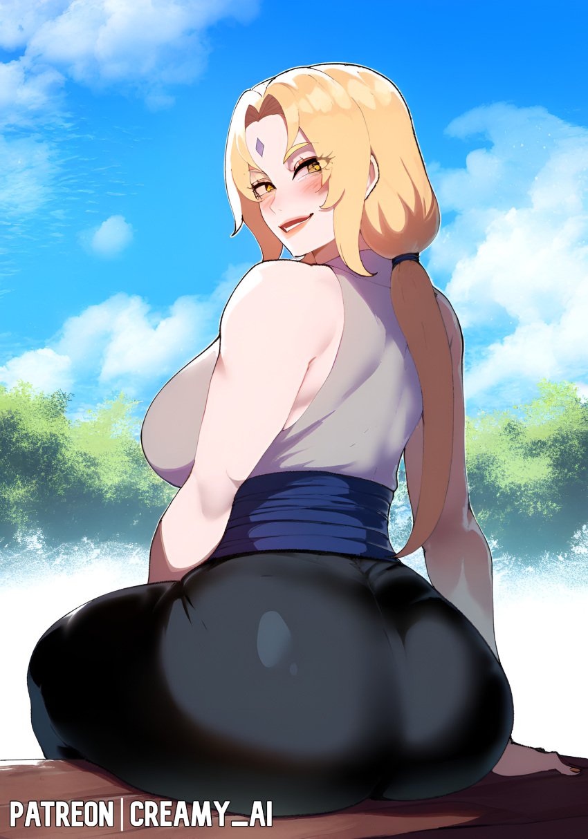 ai_generated arm_support ass bare_shoulders big_breasts black_pants blonde_hair blush brown_eyes creamy_ai female female_only forehead_mark grey_kimono hi_res huge_ass large_breasts long_hair looking_back mommy naruto naruto_(classic) naruto_(series) naruto_shippuden parted_lips patreon_username perky_breasts sash sideboob sitting smile stable_diffusion thiccwithaq_(ai_style) thick_thighs tsunade twintails