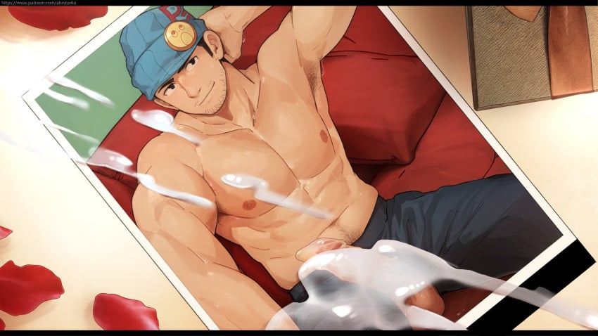 1boy abs bara black_hair black_pants closed_mouth condom condom_on_penis cum erection gyakuten_saiban hat highres large_pectorals looking_at_viewer male_focus masayoshi_togashi_(alu379) muscular muscular_male naruhodou_ryuuichi navel nipples pants pectorals penis photo_(object) short_hair smile solo testicles topless_male