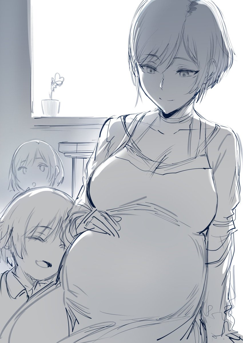 flower_pot happy happy_female hews_hack indoors large_breasts milf mother mother_and_child mother_and_daughter pregnant pregnant_belly pregnant_female reina_mishima short_hair tekken tekken_8