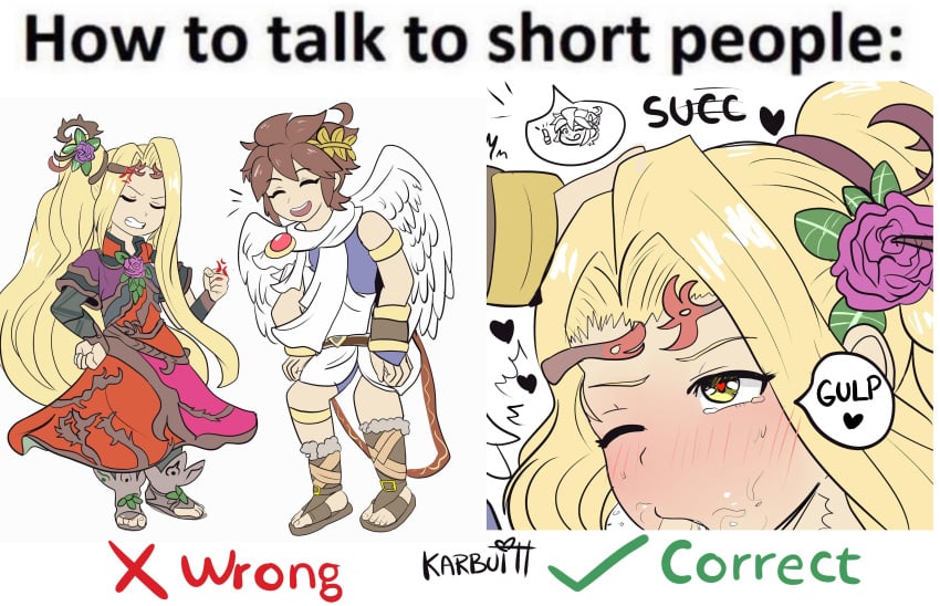 1boy absurdres angel blonde_hair blue_eyes brown_hair female highres how_to_talk_to_short_people karbuitt kid_icarus kid_icarus_uprising meme nintendo out_of_frame pit_(kid_icarus) viridi wings yellow_eyes