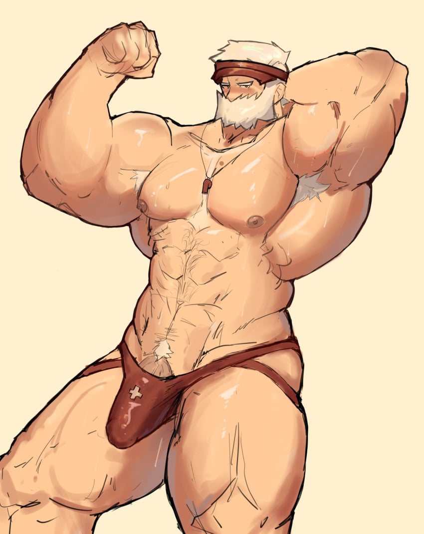 armpit_hair balls bara beard blush bulge drayden facial_hair flaccid flexing hand_behind_head jockstrap male male_only muscles muscular muscular_male nintendo penis pokemon saturn297 solo solo_male underwear