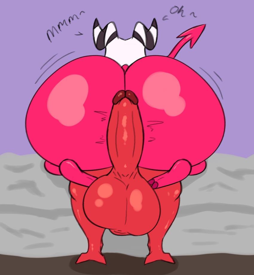 absurd_res anthro ass balls big_balls big_butt big_penis demon digital_media_(artwork) duo erection gaze_(artist) genitals hair helluva_boss hi_res horn huge_ass huge_balls huge_butt huge_cock humanoid hyper hyper_balls hyper_genitalia hyper_penis imp male male/male moxxie_(helluva_boss) nude penile penis rear_view red_body sex simple_background tail text thick_thighs white_hair wide_hips