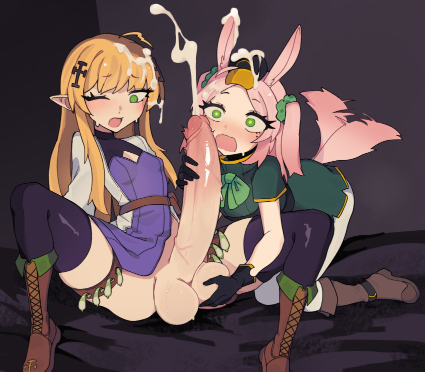 1futa 1girls animal_ears balls big_balls big_penis big_testicles blonde_hair bottomless breasts clothed clothing cum cum_awe duo ejaculation elf elf_ears erection female futa_on_female futanari green_eyes horny huge_cock huge_penis humanoid humanoid_penis illydia_(edgy_weeaboo) kemonomimi light-skinned_female light-skinned_futanari light_skin long_hair long_penis one_eye_closed oniiyanna orgasm partially_clothed penis penis_awe pink_hair small_but_hung spread_legs surprised testicles text uncensored