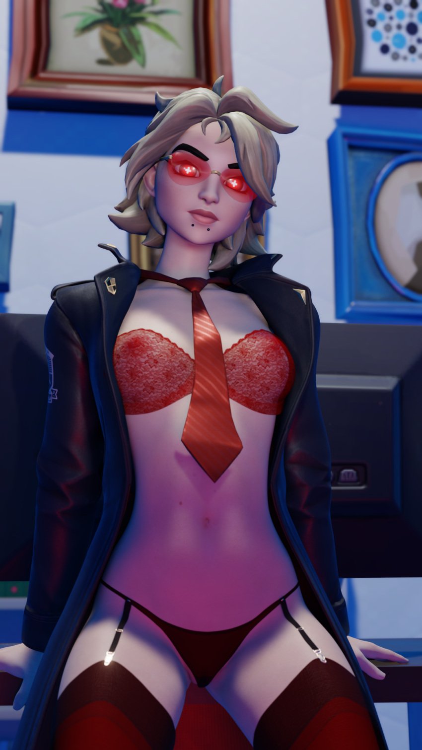 3d bra fortnite joni_(fortnite) kohirokai lingerie looking_at_viewer red-tinted_eyewear red_eyes sunglasses tie tinted_eyewear