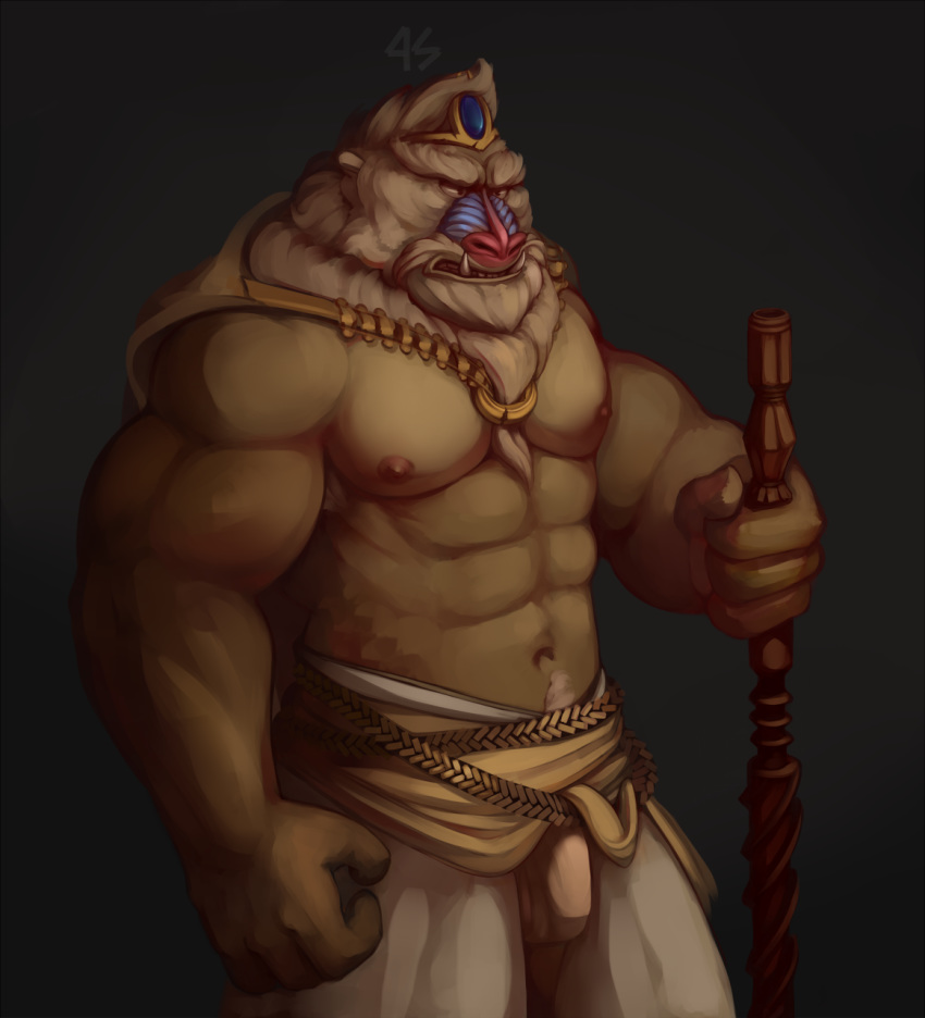 abs anthro beard biceps bulge crown facial_hair fangs hi_res male male_only mammal mandrill monkey muscular navel nipples pecs penis_outline primate quorum-s solo