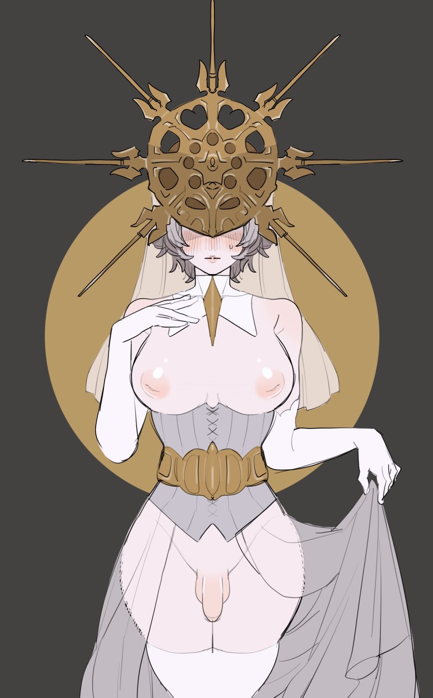 1futa big_penis dark_souls dark_sun_gwyndolin fromsoftware futa_only futanari helmet intersex large_breasts pale-skinned_futanari pale_skin picco short_hair simple_background small_penis white_hair