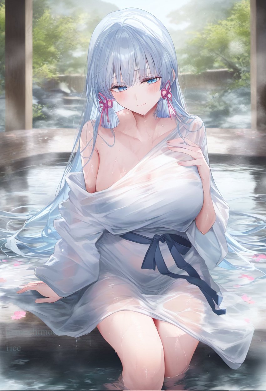 1girls ai_generated blue_eyes female female_focus female_only genshin_impact hot_spring inviting kamisato_ayaka large_breasts light-skinned_female light_skin long_hair looking_at_viewer mochimochirice onsen see-through see-through_clothing smile smiling smiling_at_viewer tagme thick_thighs water wet wet_body wet_clothes wet_skin white_hair