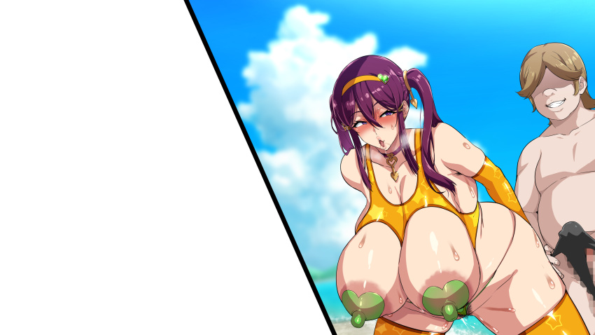 1boy 1girls ass_grab ass_shake bakunyuu_party belly_button big_breasts boob_window breasts choker cock_hungry crotchless crotchless_panties fat_man female_pubic_hair high_heels highres huge_breasts inviting_to_sex mature_female milf naughty_face nipples nipples_visible_through_clothing penis_earrings penis_piercing pubic_hair purple_hair sex_slave slut slutty_outfit smiling sweat takeda_hiromitsu terena_(bakunyuu_party) thick_thighs