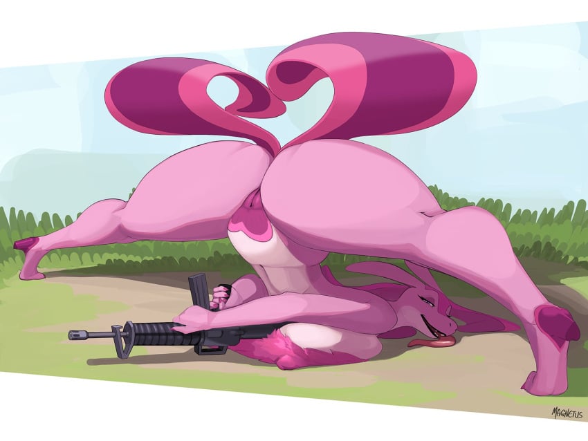 anthro anus ass ass bending_over big_ass big_breasts big_thighs breasts female female_only fur furry gigantic_ass gigantic_thighs gun holding_gun huge_ass huge_breasts huge_thighs jack-o_pose long_hair lovander magnetus pal_(species) palworld pink_body pink_hair purple_eyes pussy solo tagme thick_hips thick_thighs thighs tongue tongue_out