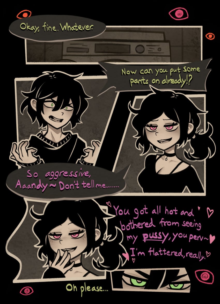 1boy1girl andrew_graves ashley_graves big_breasts black_hair blush blushing brother_and_sister clevage comic comic_page dark_hair dialogue english_text female horny horny_female imminent_incest incest male notsorapoi pale-skinned_female pale_skin pink_eyes seducing siblings text text_only the_coffin_of_andy_and_leyley