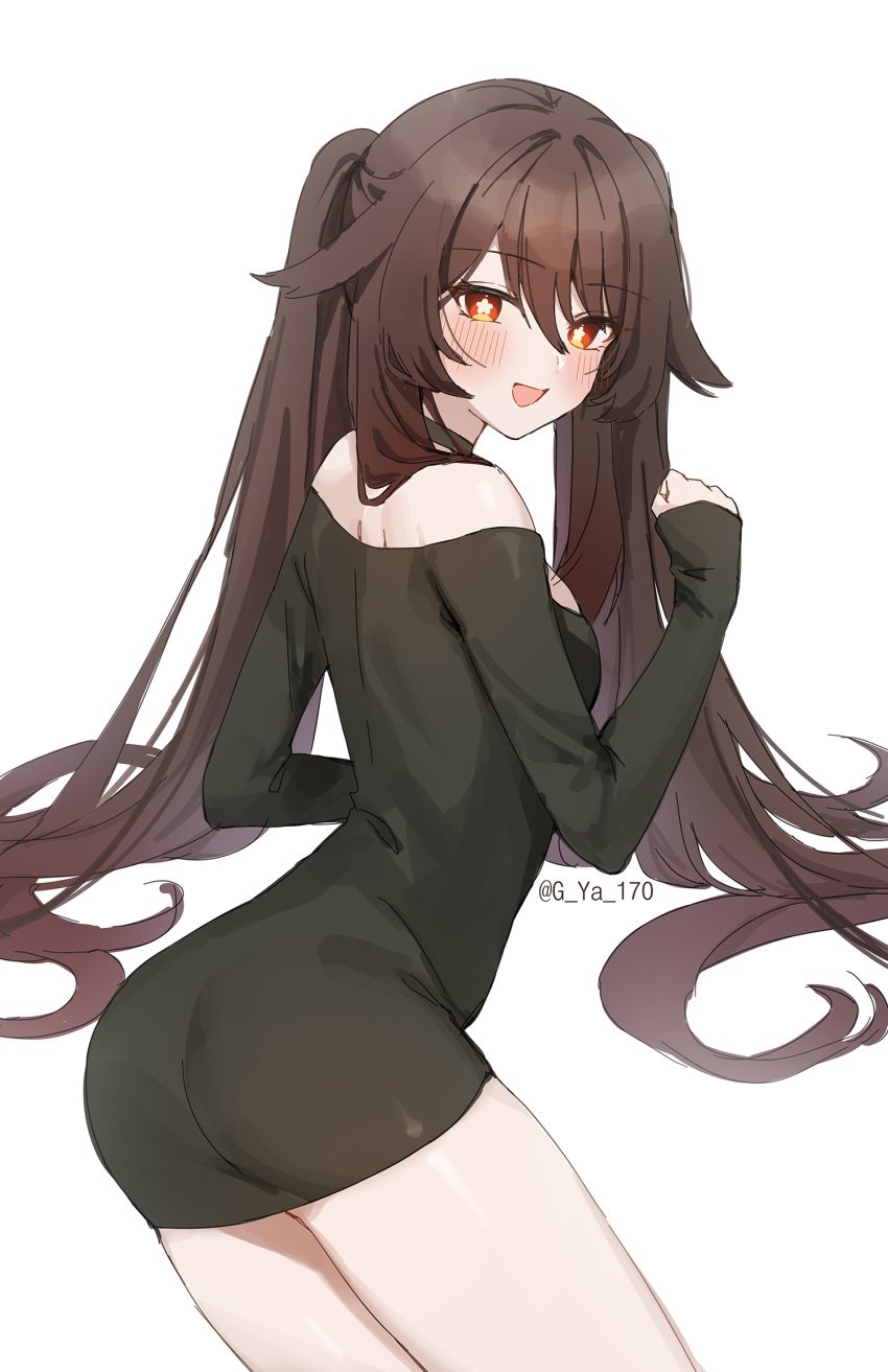 arched_back ass ass_cheeks bare_shoulders blush brown_hair g_ya_170 genshin_impact goth_girl gya_(144) hoyoverse hu_tao_(genshin_impact) long_hair mihoyo partially_visible_ass perfect_body petite petite_body petite_female petite_girl red_eyes seductive seductive_body seductive_pose short_dress slim slim_body slim_girl solo_female teen teenage_girl teenager thick_thighs thighs