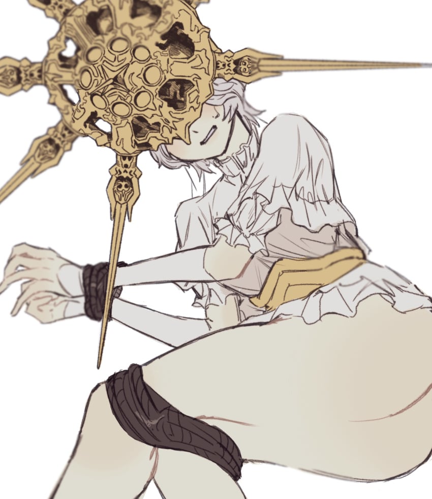 1boy absurdres ass blush bound bound_legs bound_wrists clenched_teeth dark_souls dark_sun_gwyndolin detached_sleeves dress from_behind fromsoftware gold_headwear grey_dress helmet highres short_sleeves simple_background solo teeth white_background zunkome