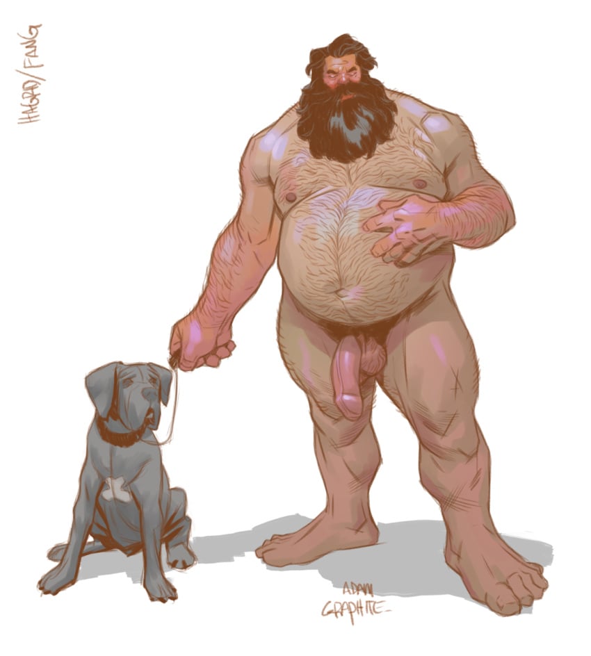 1animal 2boys adamgraphite animal balls beard belly big_belly big_penis black_hair body_hair canine clackey_ray closed_eyes collar dog duo facial_hair flaccid full_body hagrid hairy hairy_arms hairy_chest hairy_male harry_potter leash long_beard male male_only multiple_boys nude nude_male nudity penis solo solo_male standing watermark