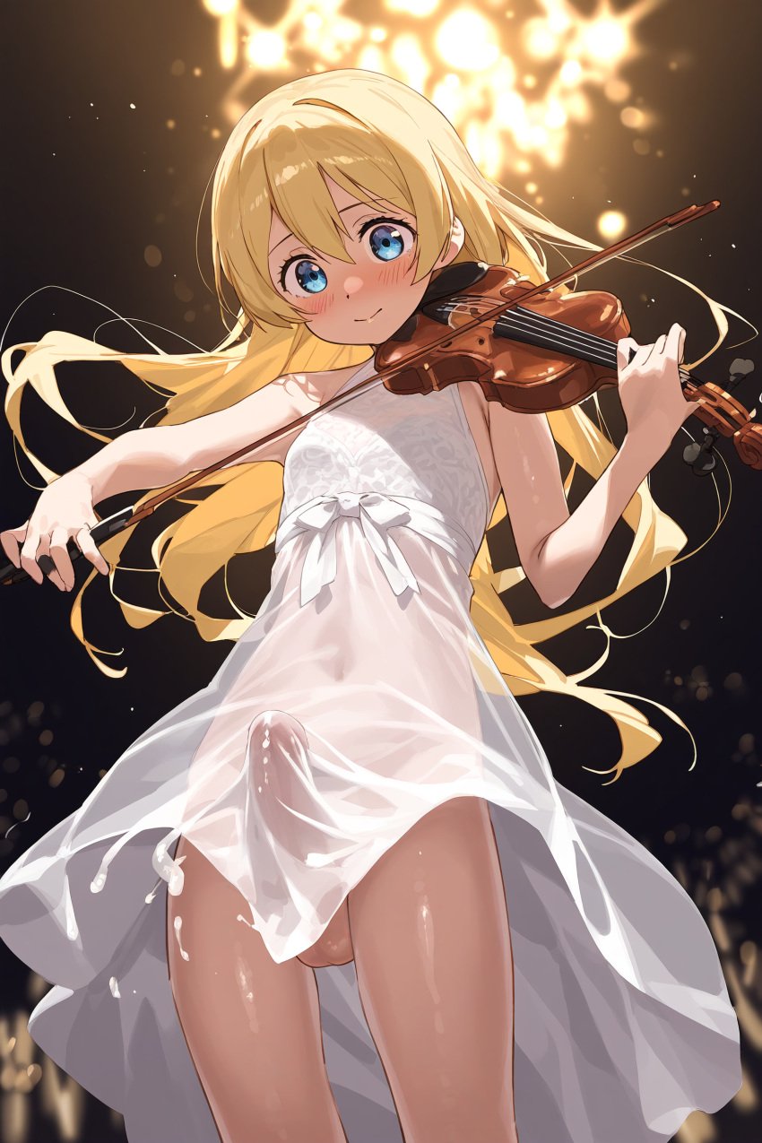 1futa ai_generated blonde_hair blue_eyes cum cum_through_clothes cumdrip doseogwan dress ejaculation embarrassed erection erection_under_clothes futa_only futanari hands-free handsfree_ejaculation long_hair looking_at_penis looking_down miyazono_kaori panties penis penis_under_clothes penis_visible_through_clothing solo_futa sweat testicles white_dress your_lie_in_april