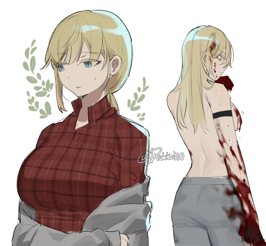 1girls big_breasts blonde_hair blood blue_eyes boyfriend_to_death drakkai10 female female_only genderswap_(mtf) lawrence_oleander mtf_transformation pale-skinned_female pale_skin plaid plaid_shirt plant ponytail rule_63 solo solo_female topless