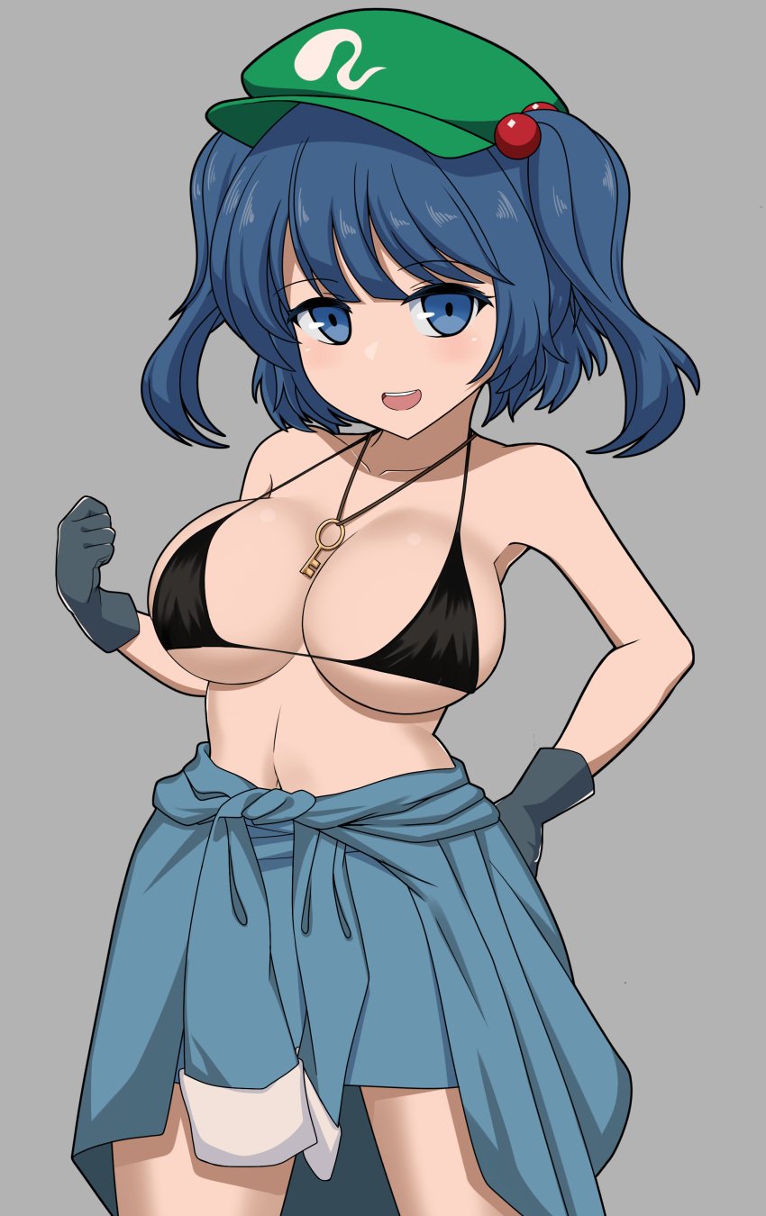 1girls :d barely_clothed big_breasts black_bra blue_eyes blue_hair boobs bra curvy curvy_female gloves grey_background hat key_necklace light-skinned_female long_gloves nitori_kawashiro open_mouth ringo114514810 short_stack shortstack solo solo_female thighs touhou twintails underboob zawapirori