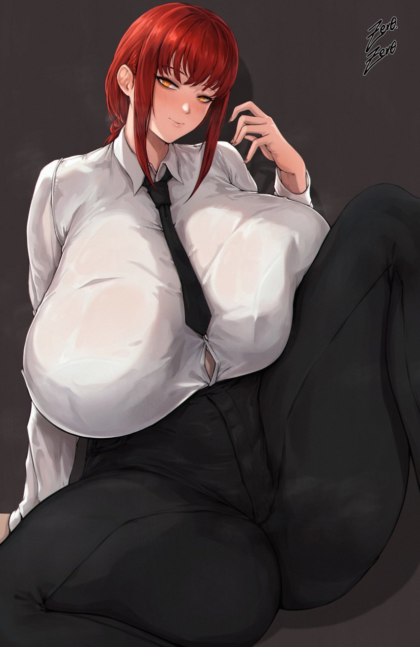 1girls bedroom_eyes big_ass big_breasts black_necktie breasts breasts_bigger_than_head bursting_clothes chainsaw_man curvy_female female formal huge_ass huge_breasts humanoid light-skinned_female light_skin makima_(chainsaw_man) musk_clouds musky_pussy necktie necktie_between_breasts red_hair sitting sitting_on_floor spread_legs thick_thighs tight_clothing unusual_pupils yellow_eyes zer0artzer0