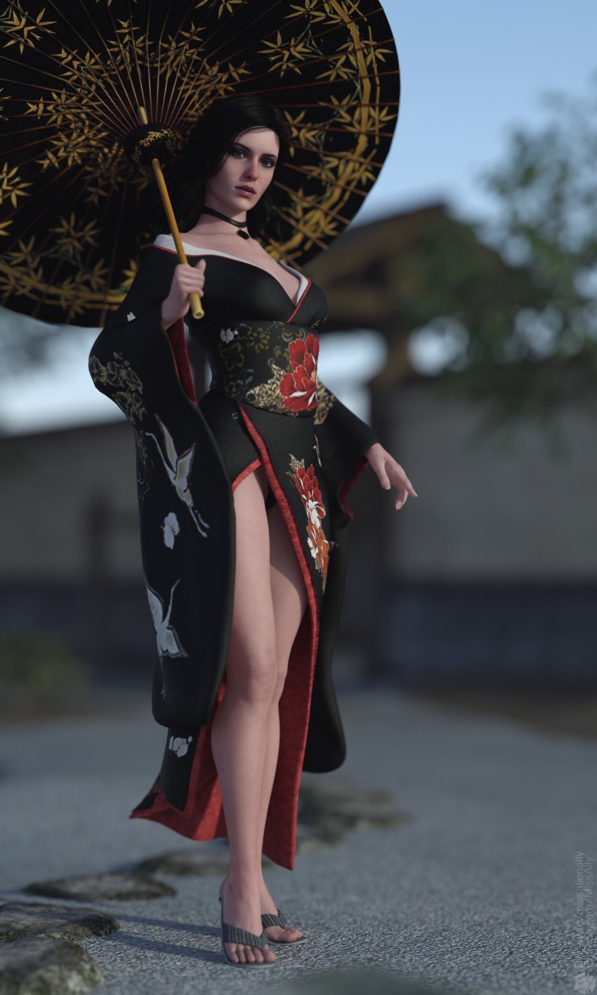 1girl 1girls 3d black_hair black_kimono black_panties cd_projekt_red cgi clothed clothed_female clothing female garden japanese japanese_clothes japanese_clothing japanese_garden kimono long_hair looking_at_viewer missally necklace sandals solo standing the_witcher_(series) the_witcher_3:_wild_hunt umbrella violet_eyes yennefer