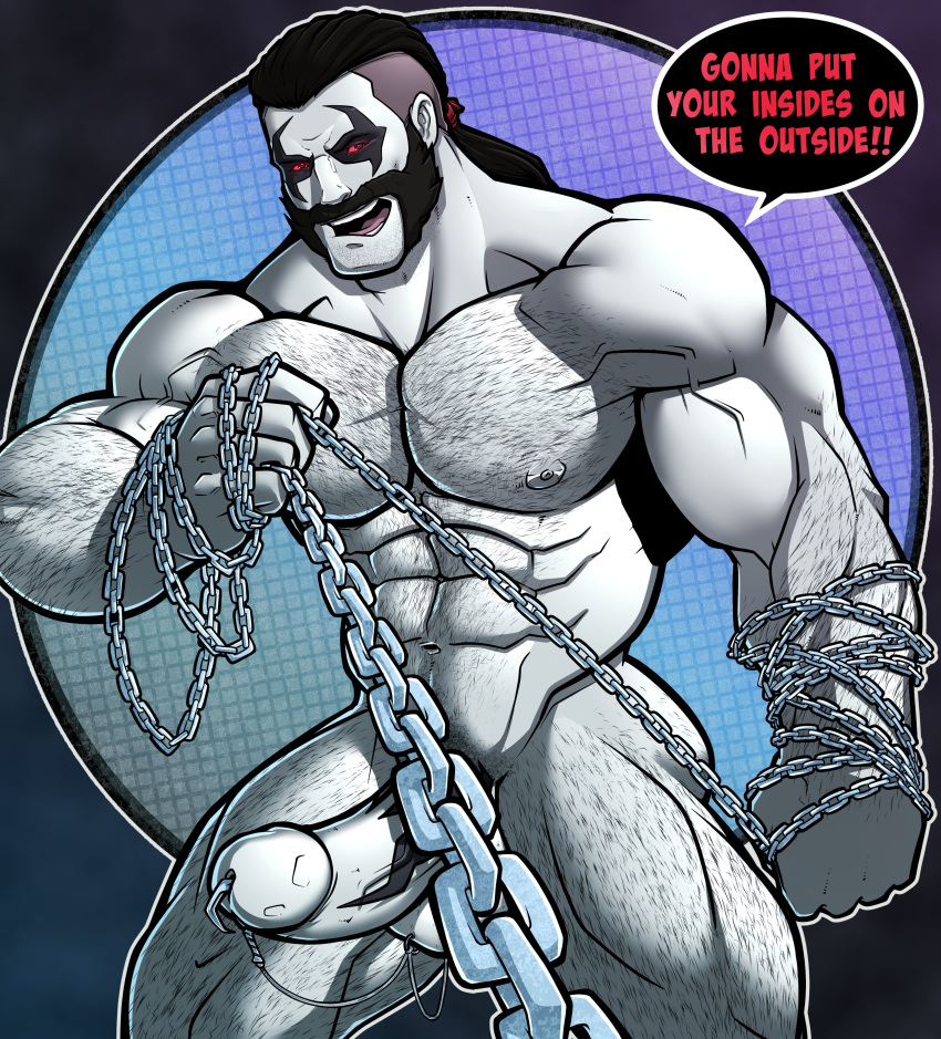 balls bara beard black_hair blitzturner body_hair boner chains dc dc_comics erection facial_hair grey_body grey_skin lobo_(dc) male male_only muscles muscular nude penis red_eyes solo solo_male speech_bubble