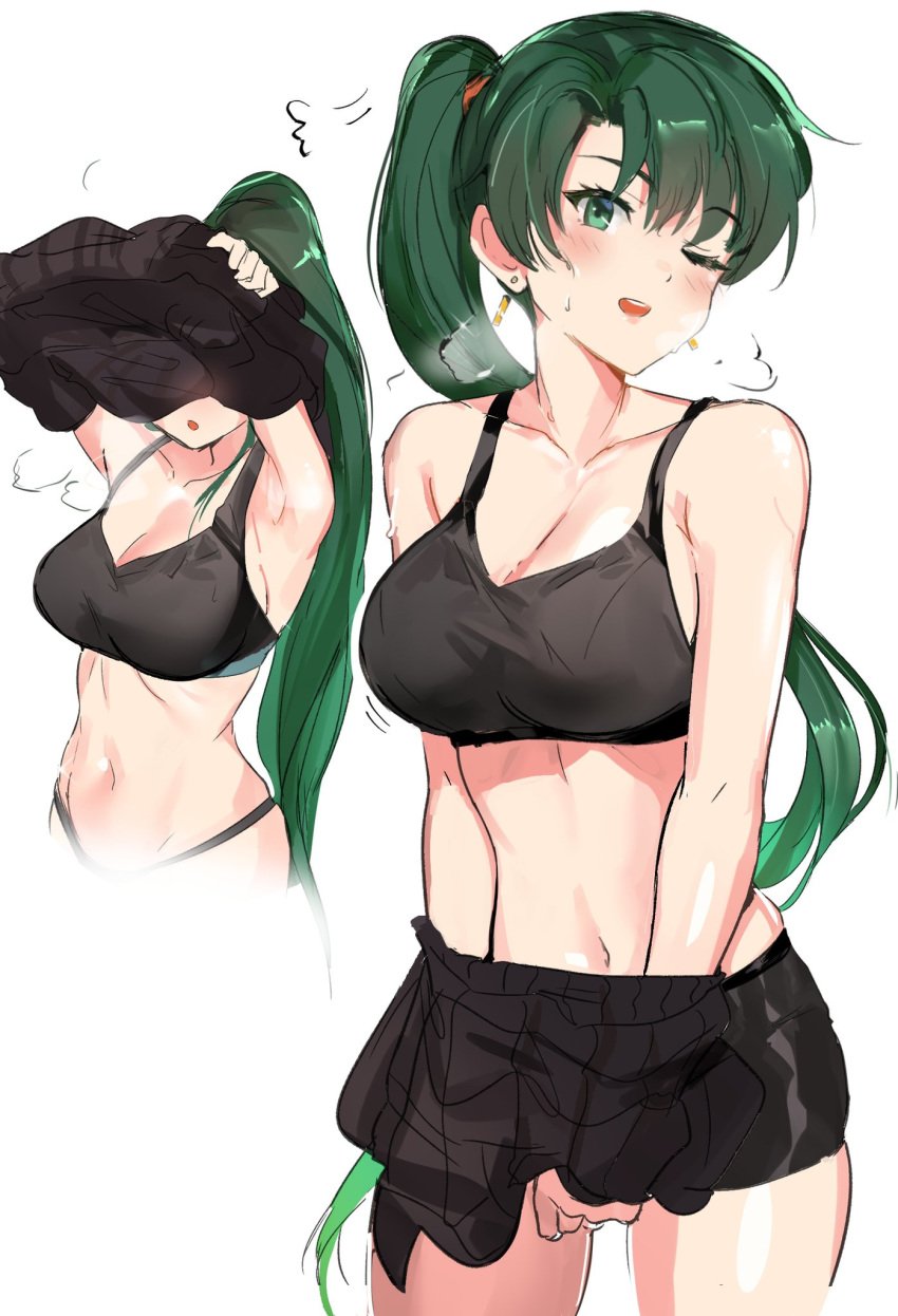 earrings fire_emblem fire_emblem:_the_blazing_blade green_eyes green_hair half-dressed horny lyn_(fire_emblem) lyndis_(fire_emblem) ormille sweat sweatdrop underwear