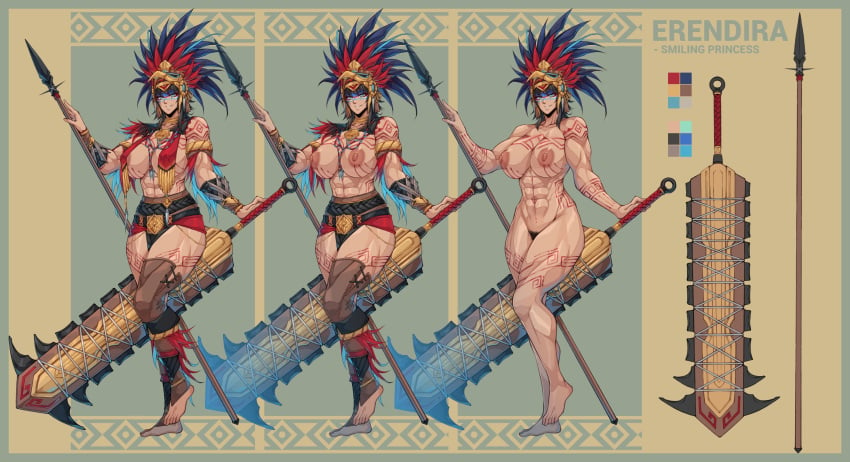 abs absurdres arm_tattoo aztec biceps black_hair blue_eyes blush bracer breasts cleavage club_(weapon) collarbone completely_nude facepaint feather_hair_ornament feathers female female_pubic_hair gold_necklace hair_ornament headdress highres holding holding_weapon huge_breasts jewelry large_areolae large_breasts loincloth looking_at_viewer macuahuitl muscular muscular_female navel neck_ring necklace nipples nude obliques open_mouth original pubic_hair redbarong reference_sheet short_hair shoulder_tattoo simple_background smile solo spiked_club tattoo thick_thighs thighs toned tribal weapon yugo_(yugotme97)