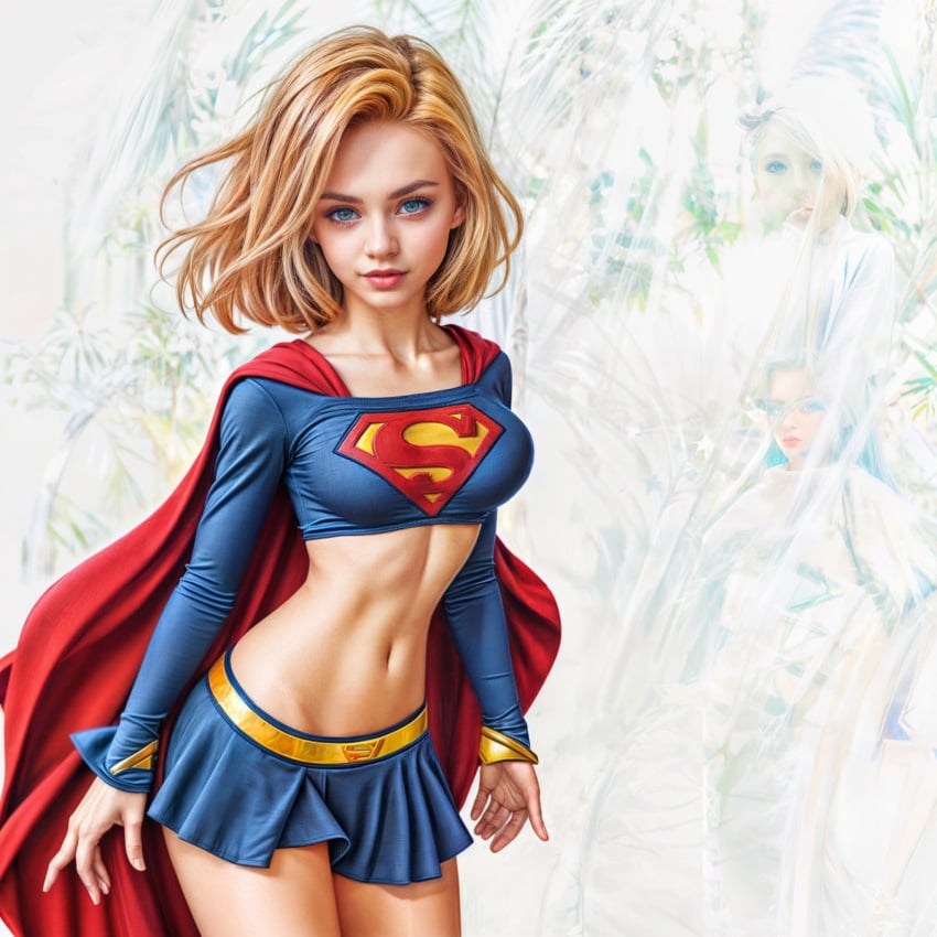 1girls adb3388 ai_generated android android_18 blonde_hair blue_eyes bob_cut cape cosplay cute dragon_ball dragon_ball_z female light-skinned_female looking_at_viewer medium_hair miniskirt petite seductive_eyes seductive_look seductive_smile skinny slim smile supergirl supergirl_(cosplay) superheroine supersoft2 teenager young