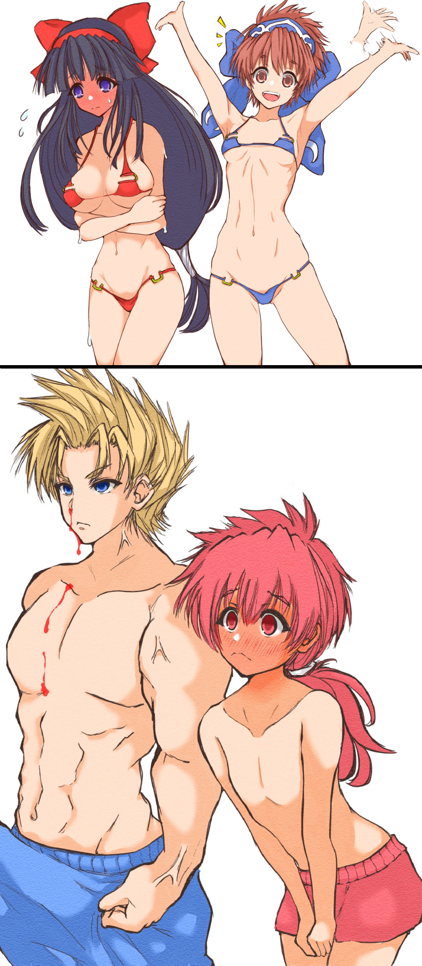 2boys 2girls 2koma armpits arms_up big_breasts bikini black_hair blonde_hair blood blue_bikini blue_eyes blush breasts brown_eyes brown_hair bulge busty cleavage comic covering_crotch covering_privates crossed_arms embarrassed erection erection_under_clothes expressionless female full-face_blush funny galford_d_weller hair_ribbon happy height_difference highres hisame_shizumaru humor large_breasts legs long_hair looking_at_viewer lowleg lowleg_bikini male micro_bikini multiple_boys multiple_girls muscular muscular_male nakoruru navel nosebleed pointy_hair purple_eyes red_bikini red_eyes red_hair ribbon rimururu samurai_shodown shizumaru_hisame short_hair shorts shy small_breasts smile snk surprised sweat swimsuit thighs toned voluptuous