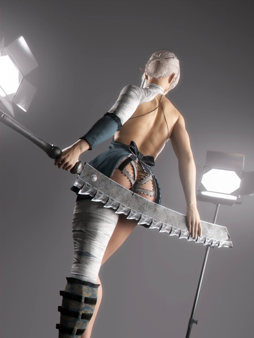 1girls 3d 3d_(artwork) apron armwear ass ass_focus back back_view backless_outfit bandage bandaged_arm bandaged_leg bandages biceps braided_bun dat_ass female female_only fit_female highres holding_weapon kaine_(nier) light-skinned_female light_skin melee_weapon muscular_back muscular_female nier nier_(series) nier_replicant presenting presenting_ass solo solo_female studio_lights thick_thighs thighs toned_back toned_female weapon white_hair word2