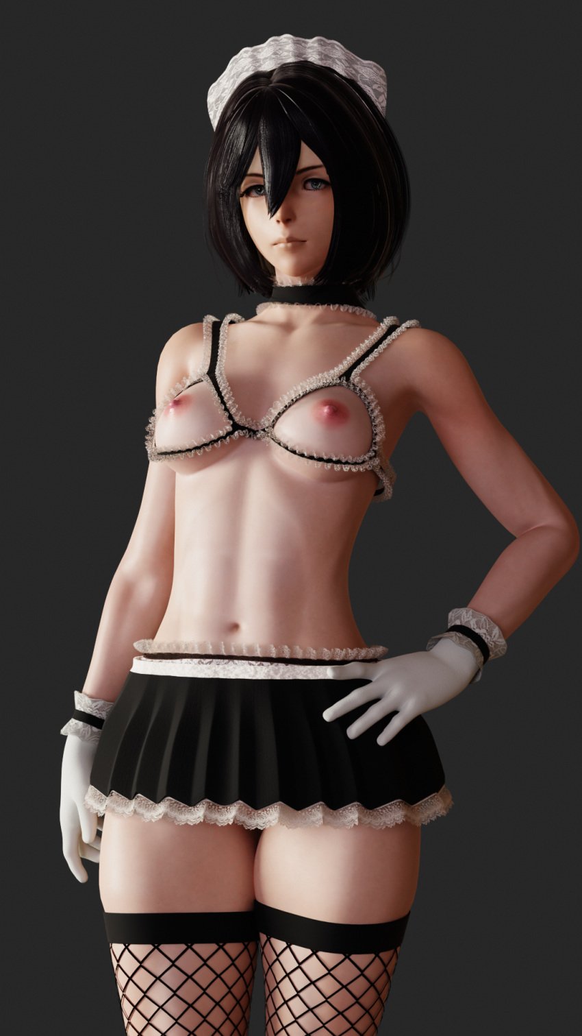 1girls 3d abs areolae attack_on_titan blender breasts female female_only kruel-kaiser looking_at_viewer maid maid_headdress maid_uniform mikasa_ackerman nipples pale-skinned_female solo thighhighs