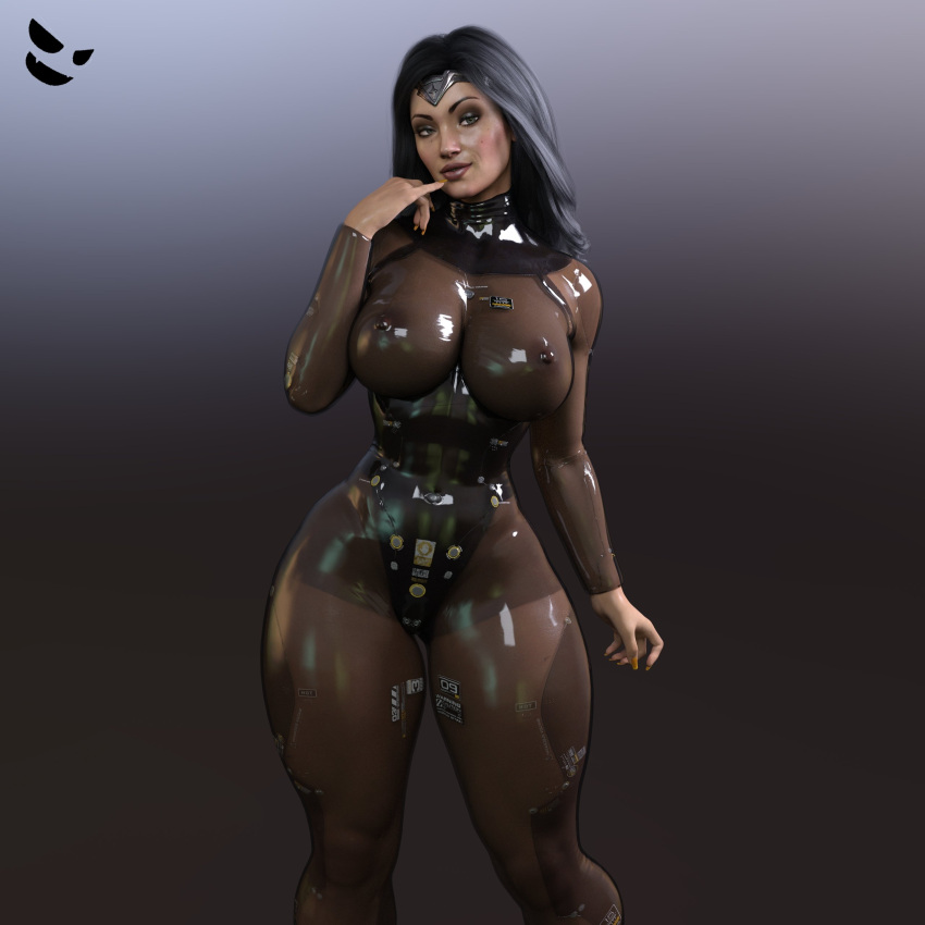 1girls ass at big black breasts female fit fours hair hanging hips huge looking nude olive only shiny skin solo thick thighs viewer wide